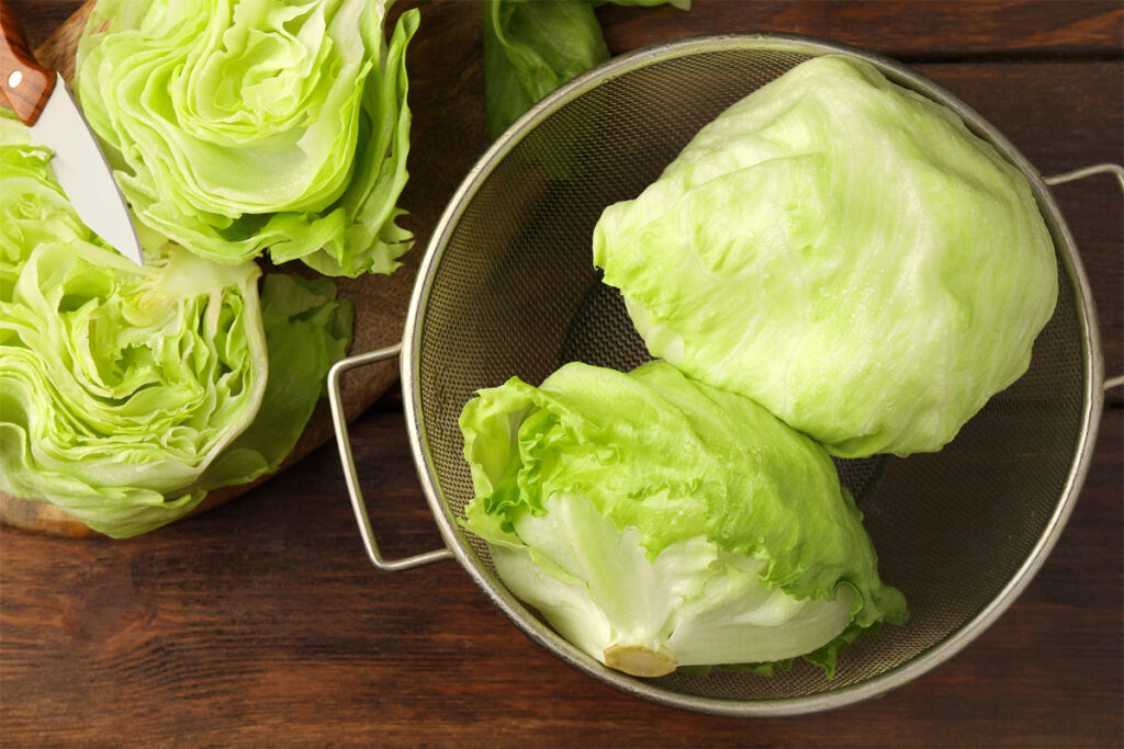 Eisbergsalat gewaschen und die äußeren Blätter sind entfernt.